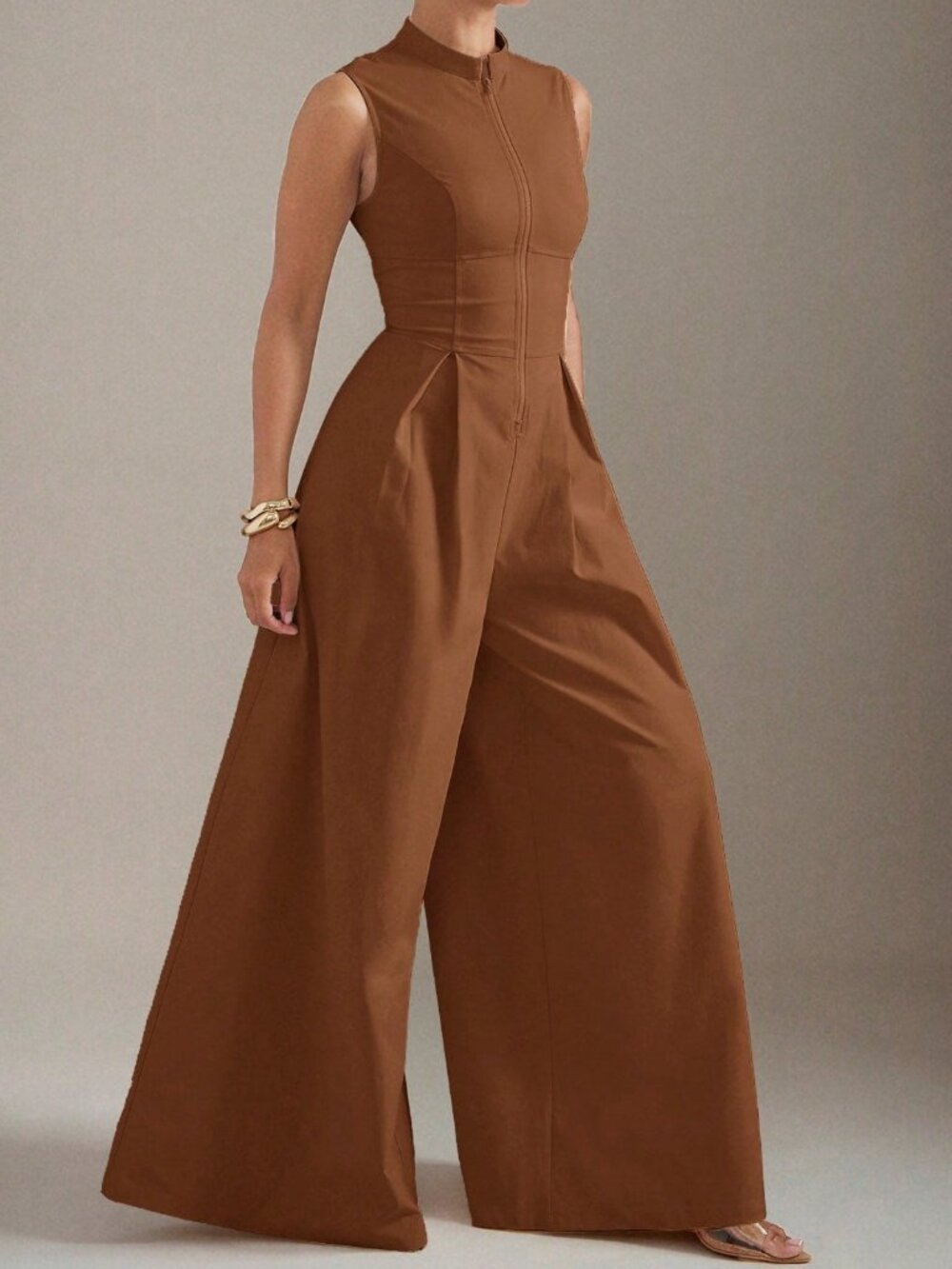 Rust Brown Elegant Women's Extreme Wide Leg Zip Front Sleeveless Jumpsuit - Picture 4 of 5
